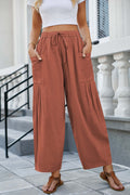 DRAWSTRING FLOWY WIDE LEG PANTS BRICK