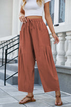 DRAWSTRING FLOWY WIDE LEG PANTS BRICK
