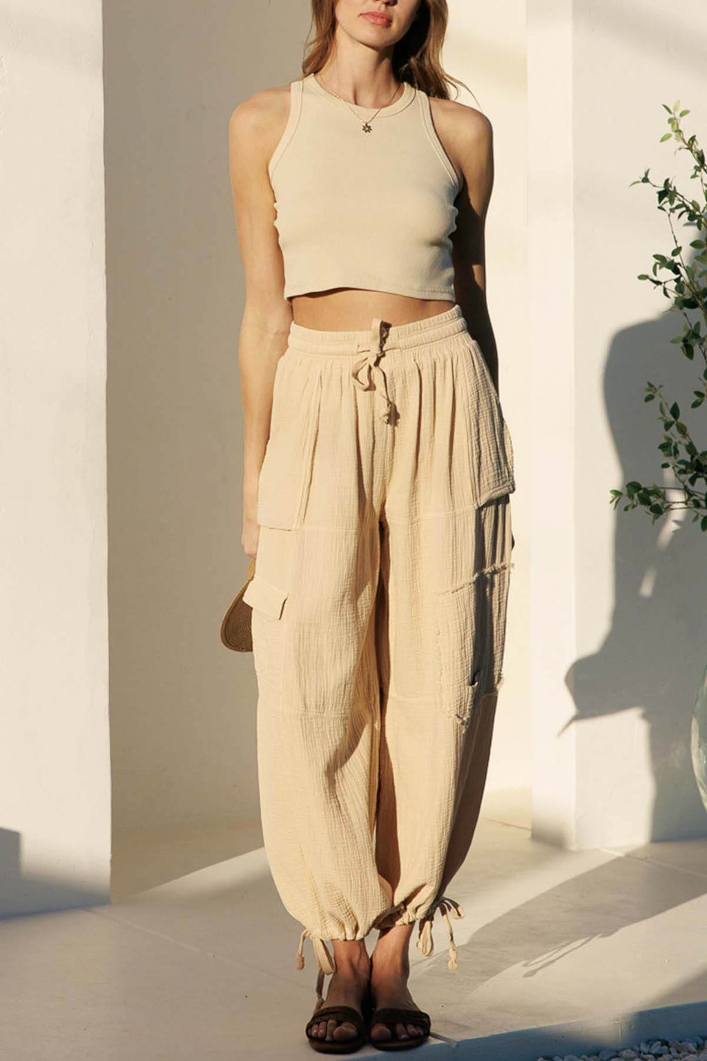 GAUZE CARGO TIE HEM JOGGER