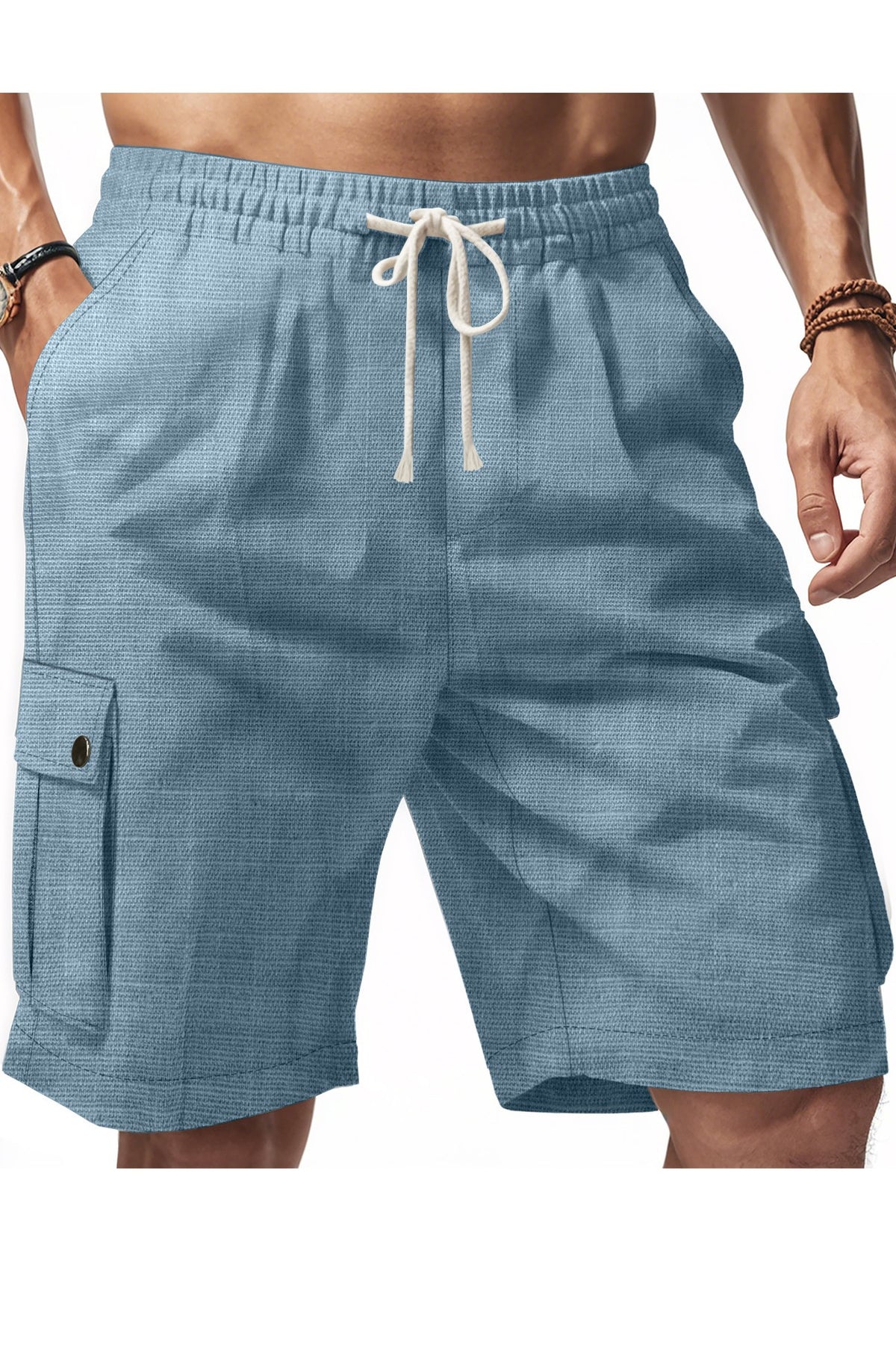 LINEN SOLID DRAWSTRING CARGO SHORTS
