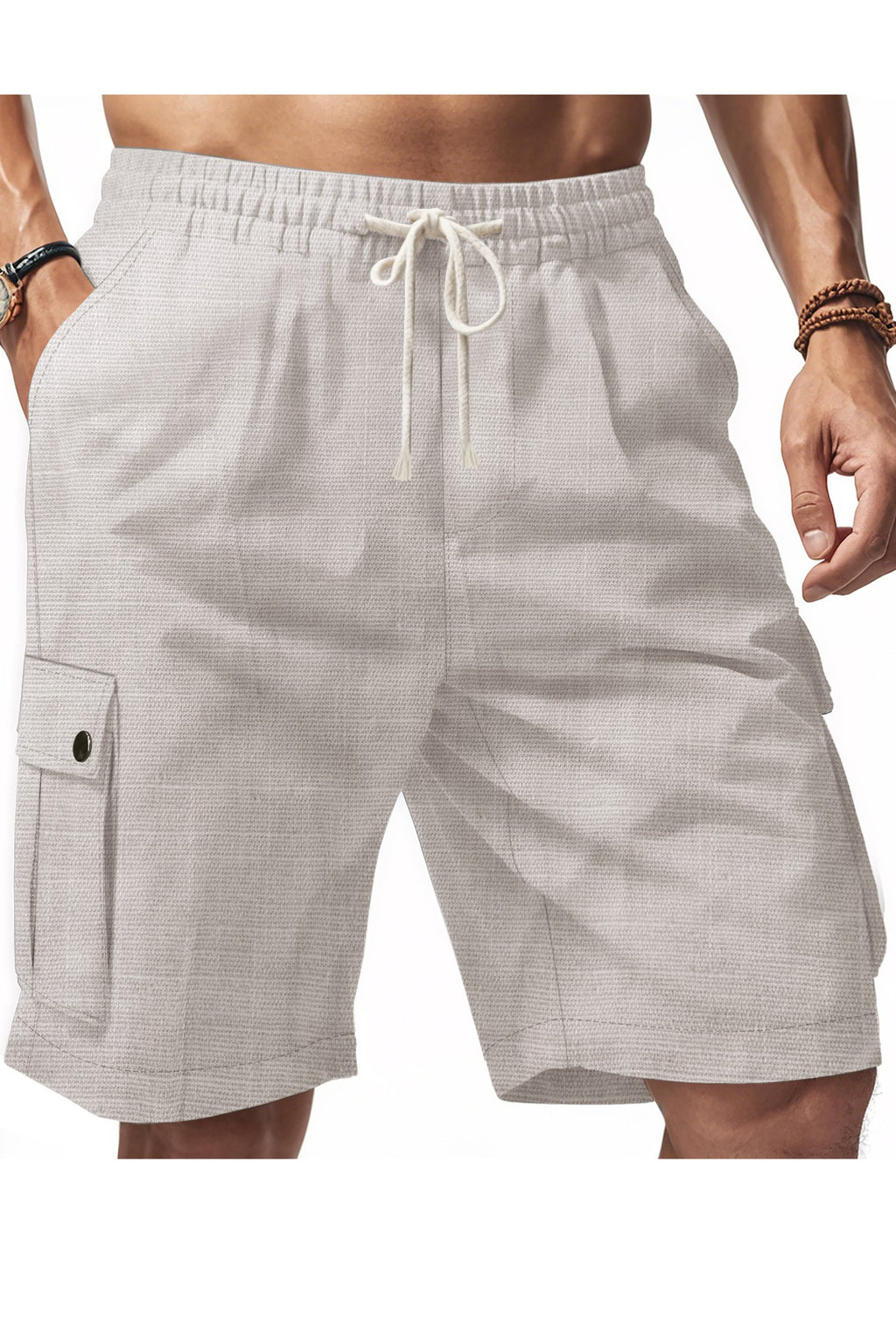 LINEN SOLID DRAWSTRING CARGO SHORTS