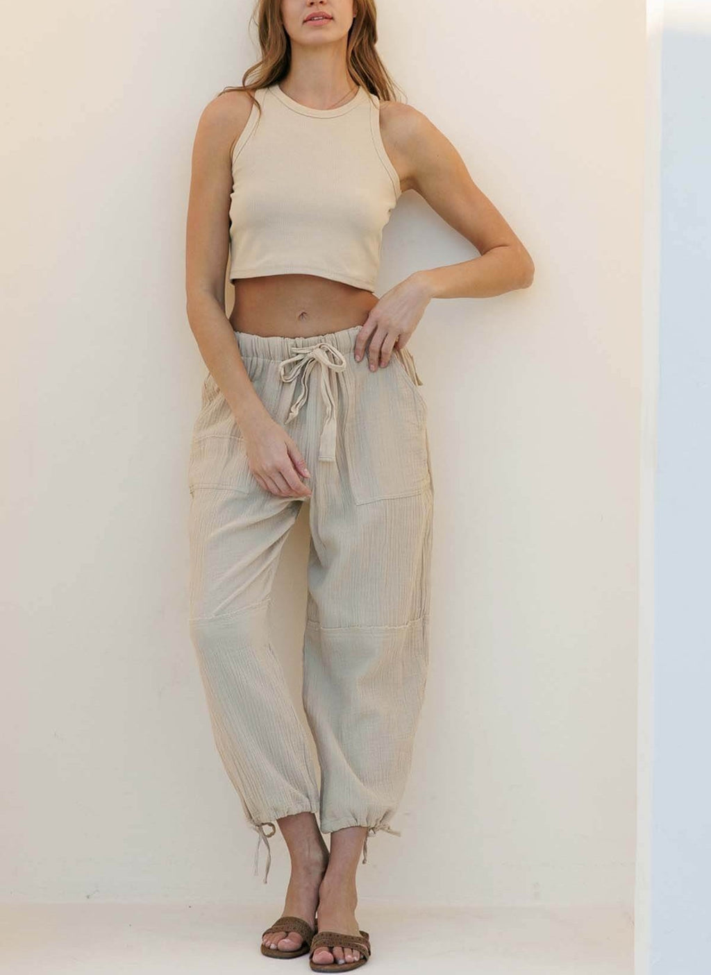 CRINKLE GAUZE DRAWSTRING JOGGER