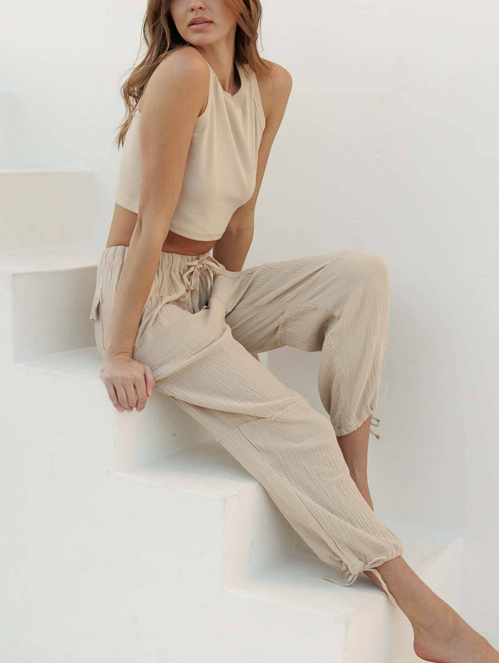CRINKLE GAUZE DRAWSTRING JOGGER