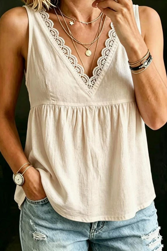 HOLLOW LACE V-NECK SLEVELESS SHIRT