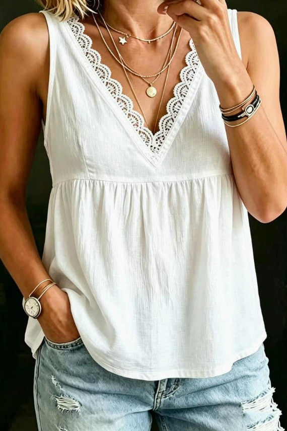 HOLLOW LACE V-NECK SLEVELESS SHIRT