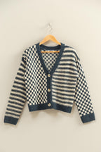 Checker And Stripe Cardigan Sweater