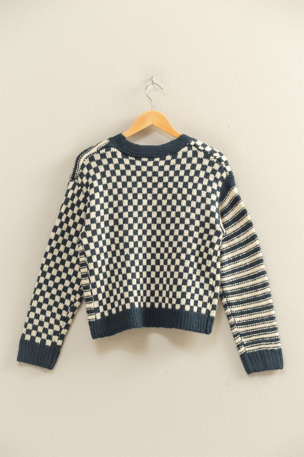 Checker And Stripe Cardigan Sweater