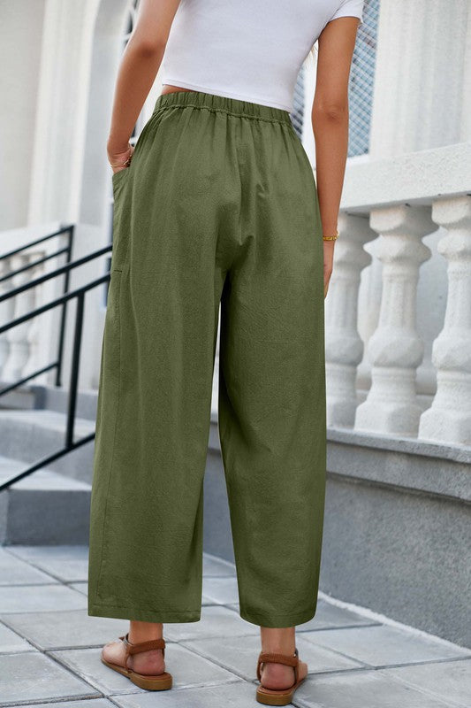 DRAWSTRING FLOWY WIDE LEG PANTS GREEN