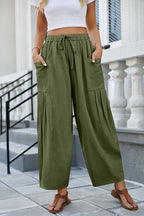 DRAWSTRING FLOWY WIDE LEG PANTS GREEN
