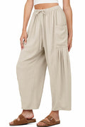 DRAWSTRING FLOWY WIDE LEG PANTS BEIGE
