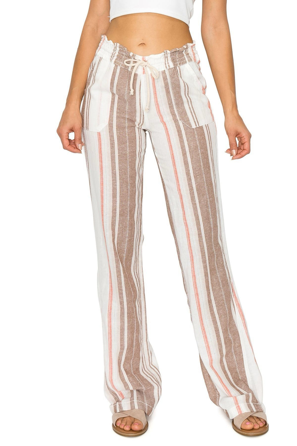 STRIPE LINEN WIDE LEG PANTS