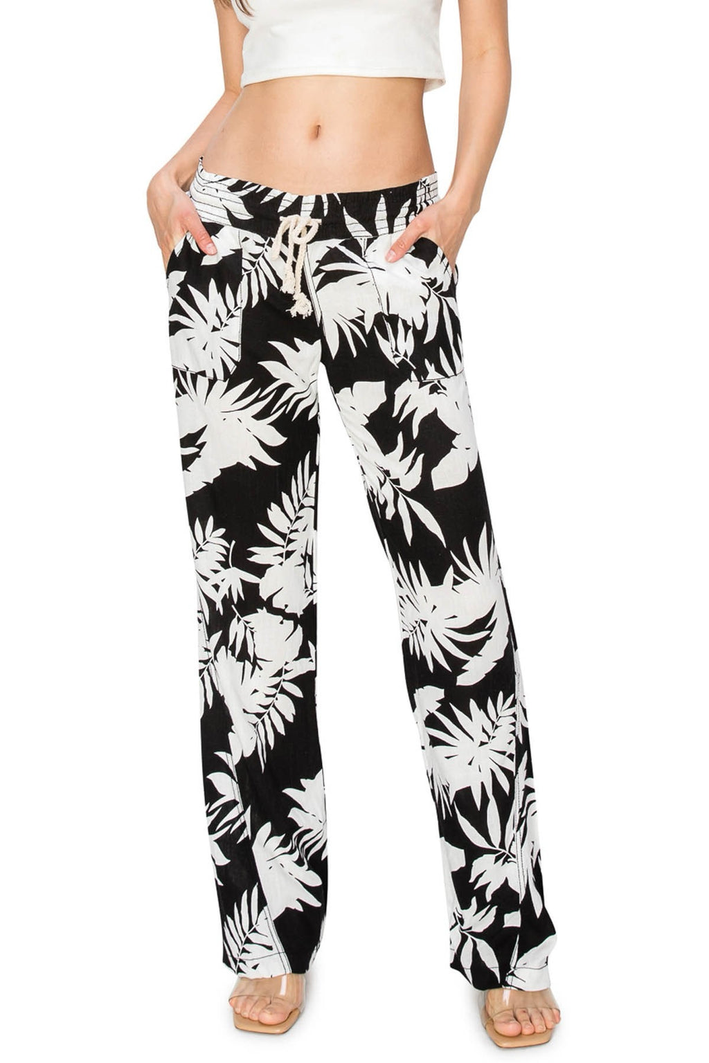 PALM PRINT 32 INCH LINEN PANTS
