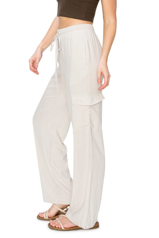 LINEN PULL ON CARGO PANTS OATMEAL