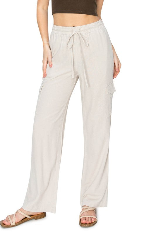 LINEN PULL ON CARGO PANTS OATMEAL