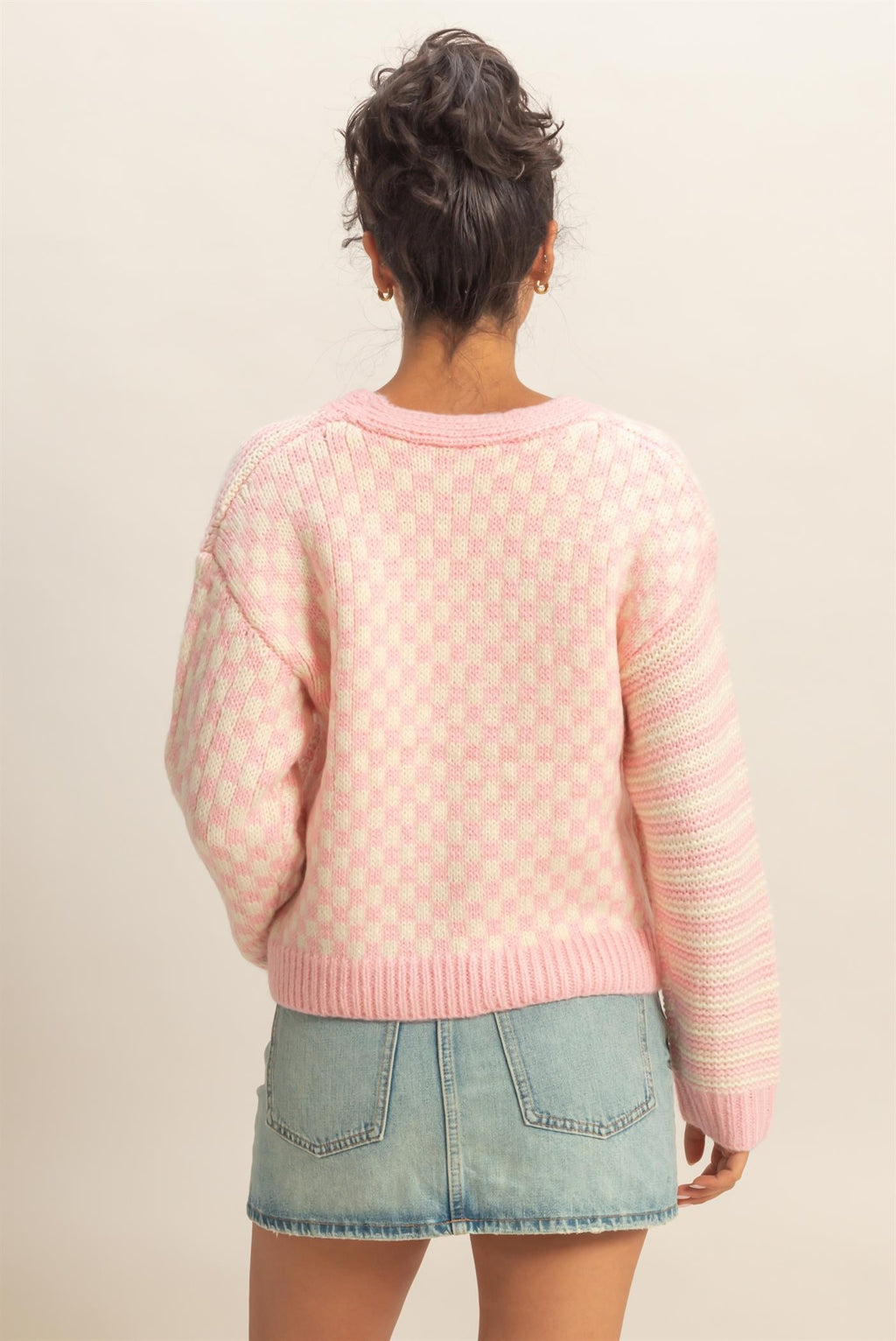 Checker And Stripe Cardigan Sweater