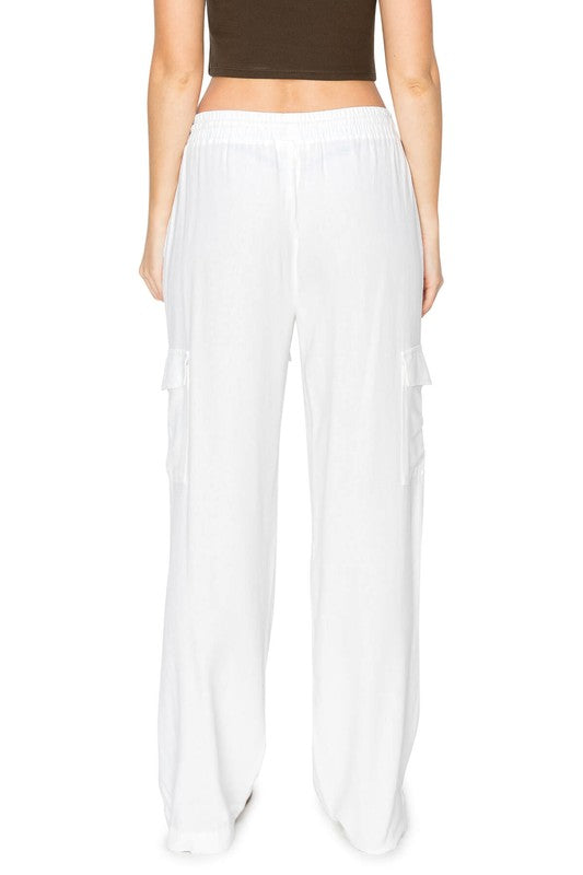 LINEN PULL ON CARGO PANTS WHITE