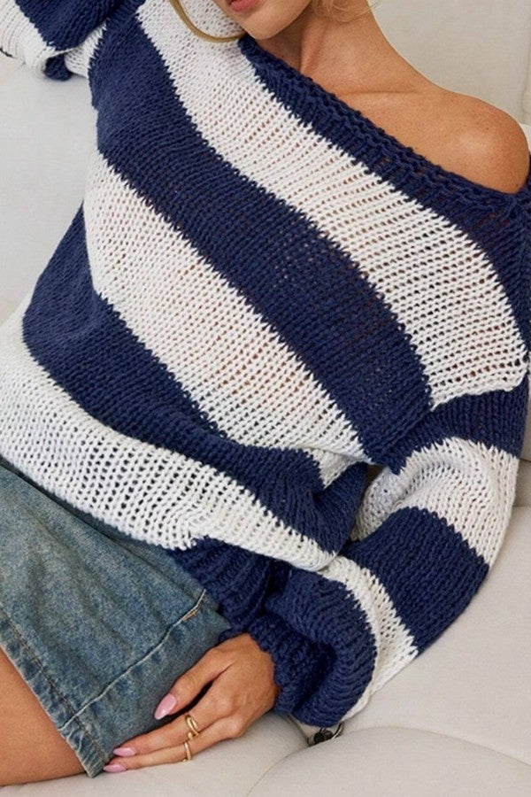 Stripes Loose Fit Knit Sweater Blue