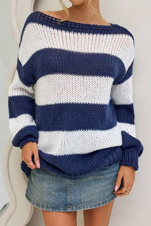 Stripes Loose Fit Knit Sweater Blue
